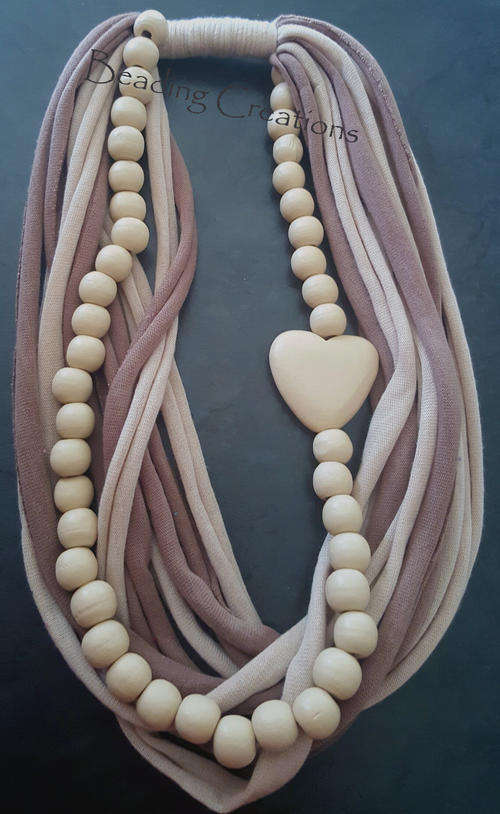 WOODEN BEADED T-SHIRT FABRIC SCARF NECKLACE - BEIGE AND LIGHT BROWN