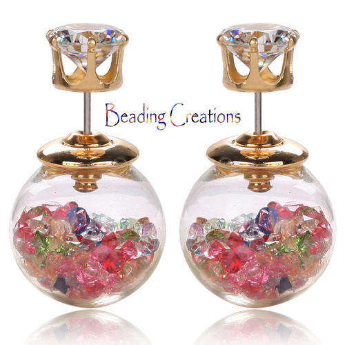 EARRINGS - CLEAR GLASS BALL DOUBLE SIDED STUD - AB CRYSTALS - MULTI COLOR