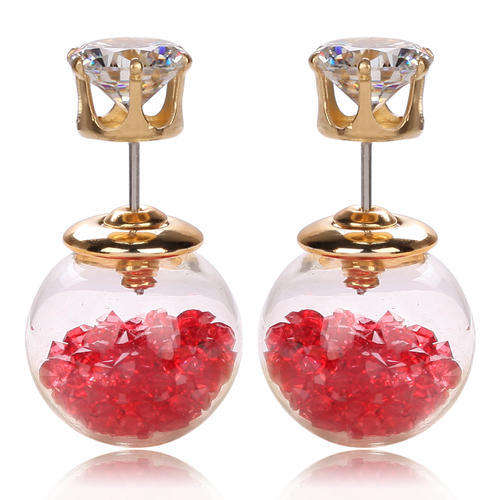 EARRINGS - CLEAR GLASS BALL DOUBLE SIDED STUD - AB CRYSTALS - RED