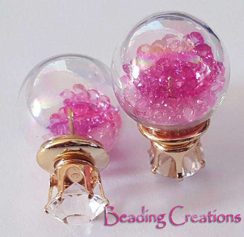 EARRINGS - CLEAR GLASS BALL DOUBLE SIDED STUD - AB CRYSTALS - HOT PINK