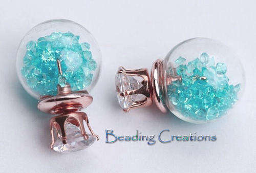 EARRINGS - CLEAR GLASS BALL DOUBLE SIDED STUD - AB CRYSTALS - TURQUOISE BLUE