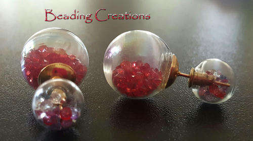 EARRINGS - CLEAR DOUBLE GLASS BALL STUD - RED AND MULTICOLOR
