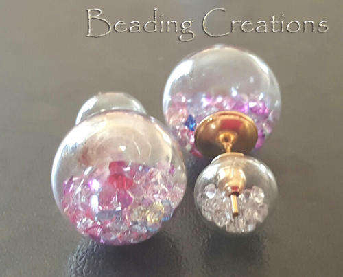 EARRINGS - CLEAR DOUBLE GLASS BALL STUD - MULTICOLOR AND CLEAR