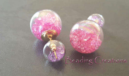EARRINGS - CLEAR DOUBLE GLASS BALL STUD - PINK AND LILAC