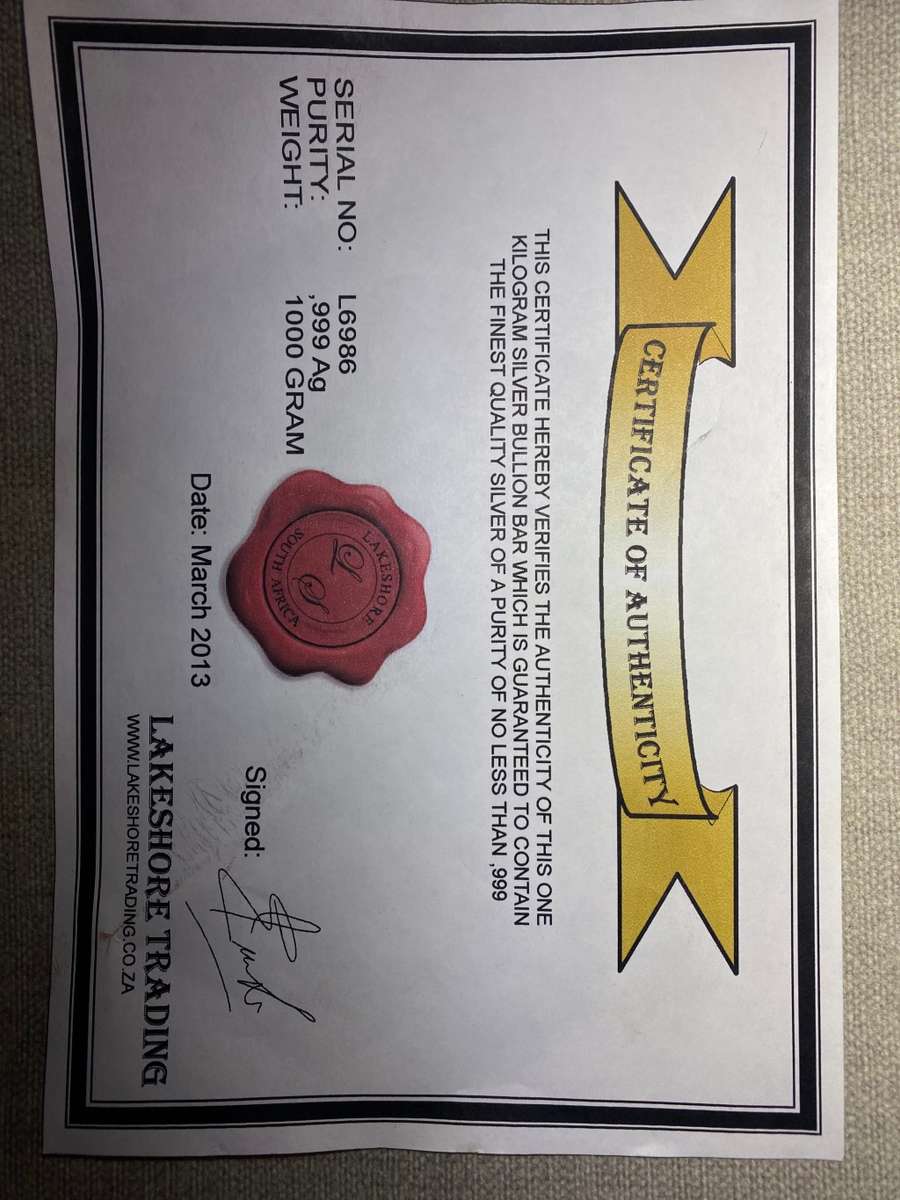 Solid Silver Bar 1kg - Certified