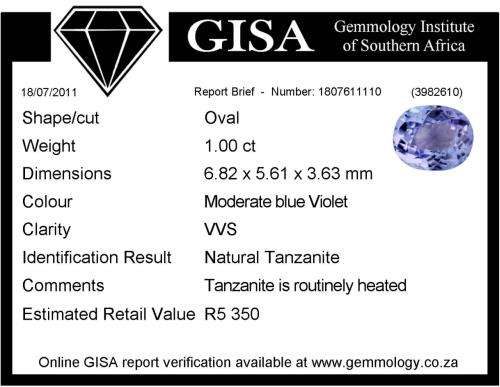1.00 Oval Cut Tanzanite G.I.S.A Certified- BEAUTIFUL STONE!!