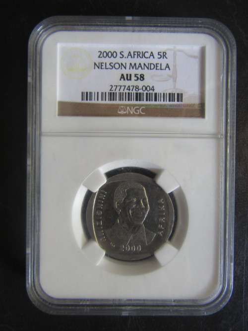EXELLENT COIN 2000 MANDELA SMILEY NGC GRADED AU 58 @ R1 Start