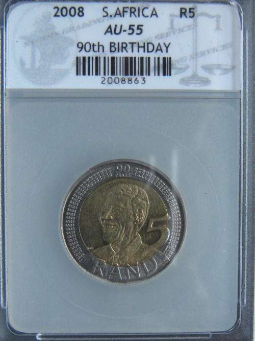 WOW !!! SUPUR GRADED  AU 55  MANDELA BIRTHDAY R5 COIN R1 START