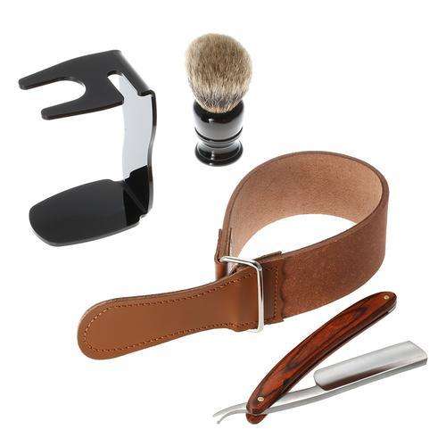 4 in 1 Straight Razor + Shaving Brush + Brush Stand + Leather Strop Strap Man's Shaving Brush Set Ra