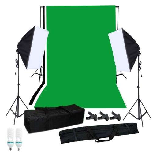 Photography Softbox Lighting Kit with Studio Background Stand Black White Green Backdrop 125W Light