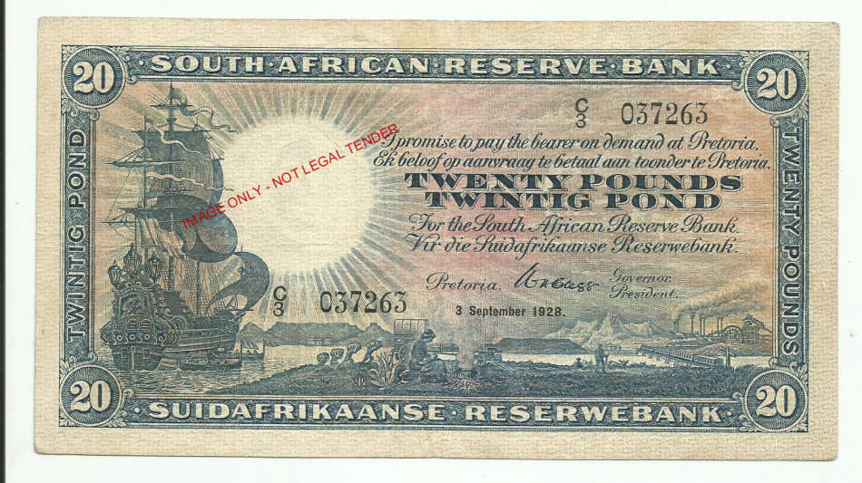 W.H. Clegg 4th Issue , Twenty Pounds C3  3 September 1928 - VF+