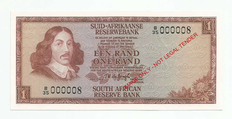 T.W. De Jongh, 2nd Issue, One Rand Low Number B35 000008, UNC