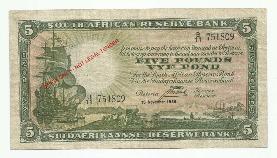 Postmus, 1st Issue, Five Pounds B11, 16 November 1936