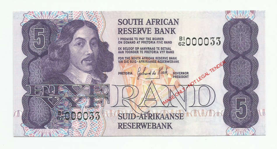 **LOW NUMBER** 000033 G.P.C. de Kock, 1st Issue, Five Rands B1/62, AUNC