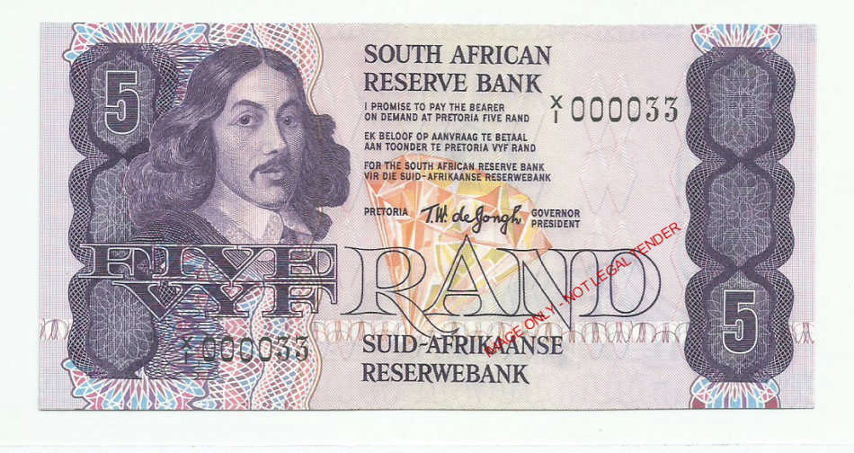 **LOW NUMBER REPLACEMENT** 000033 T.W. De Jongh, 4th Issue Five Rand X1, UNC