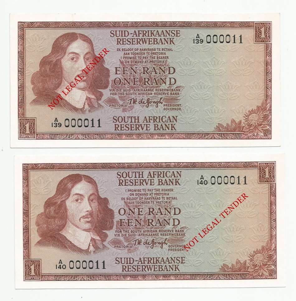 **LOW NUMBER 000011 SET** 1st Issue - 1st Number, T.W. de Jongh,1 Rand, 5 Rand & 10 Rand UNC
