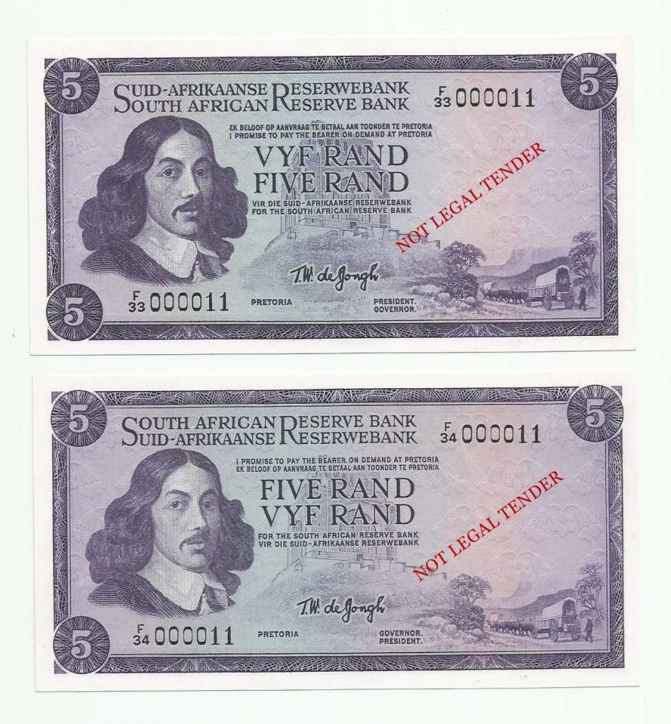 **LOW NUMBER 000011 SET** 1st Issue - 1st Number, T.W. de Jongh,1 Rand, 5 Rand & 10 Rand UNC