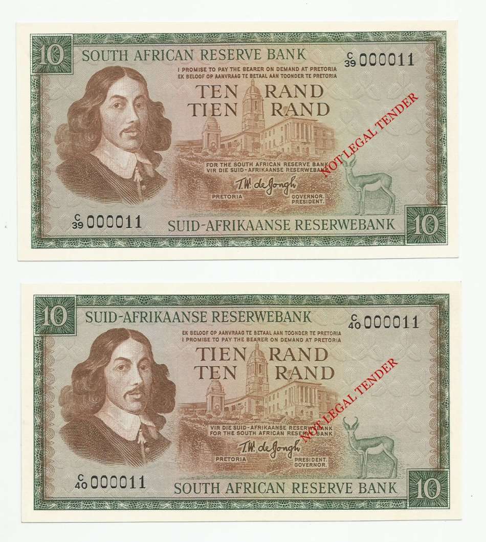 **LOW NUMBER 000011 SET** 1st Issue - 1st Number, T.W. de Jongh,1 Rand, 5 Rand & 10 Rand UNC