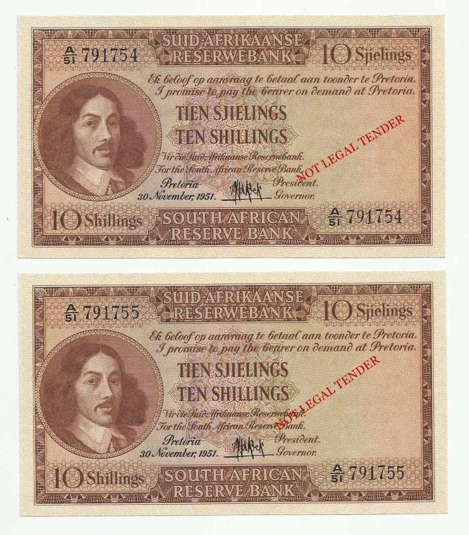 M.H. DE KOCK, 2ND ISSUE, 10 SHILLINGS PAIR A51, NOVEMBER 1951, AUNC