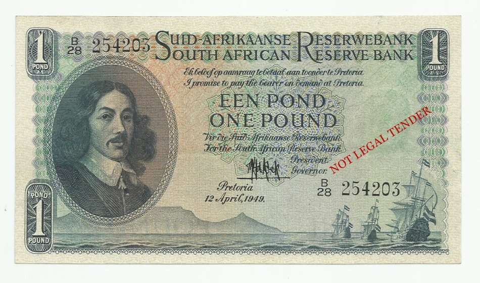 **SCARCE - THICKER PAPER** M.H. DE KOCK, 2ND ISSUE, 1 POUND B28, APRIL 1949, UNC