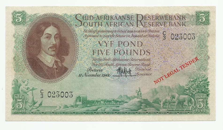 M.H. DE KOCK, 2ND ISSUE, 5 POUNDS C3, NOVEMBER 1948, AUNC