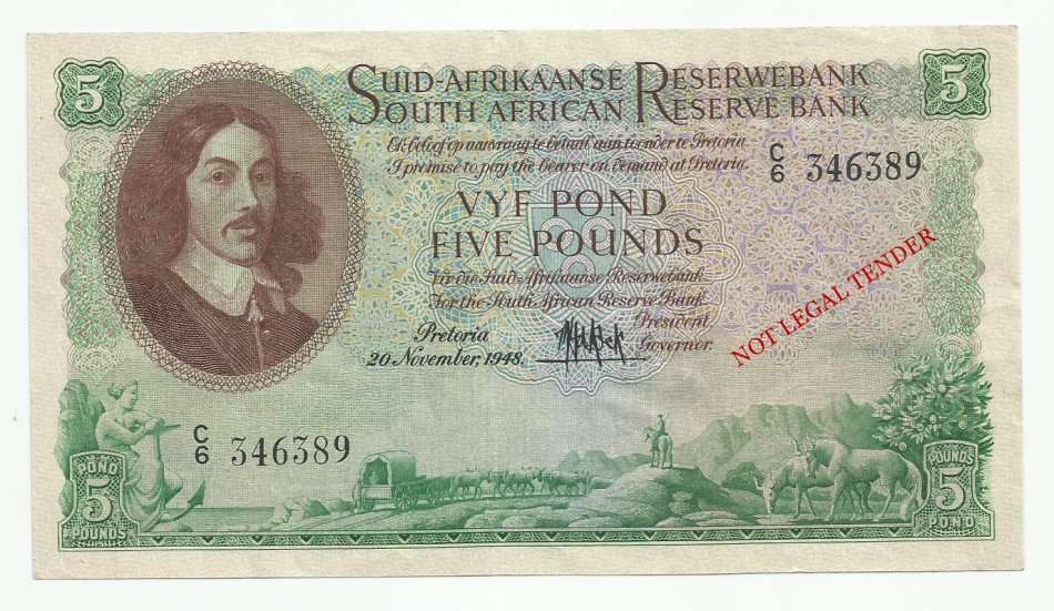 M.H. DE KOCK, 2ND ISSUE, 5 POUNDS C6, NOVEMBER 1948, EF