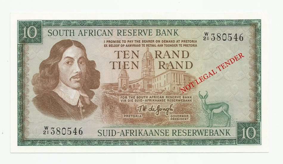 **REPLACEMENT** T.W. De Jongh 3rd Issue, Ten Rand W21, UNC