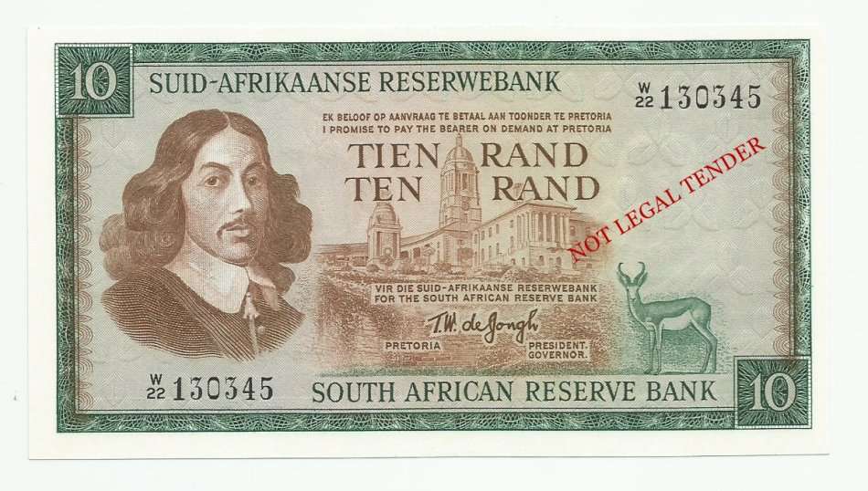**REPLACEMENT** T.W. De Jongh 3rd Issue, Ten Rand W22, UNC