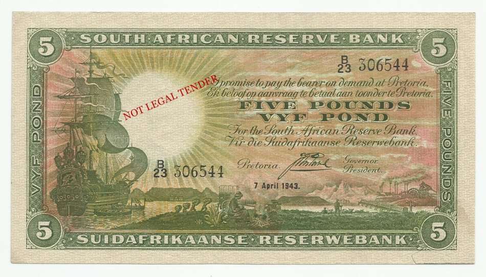 J. Postmus, 1st Issue, Five Pounds B23, April 1943, AUNC