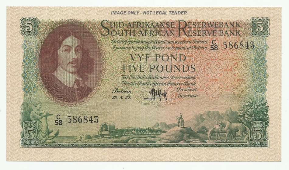 M.H. DE KOCK, 3RD ISSUE, FIVE POUNDS C58, AUNC/UNC