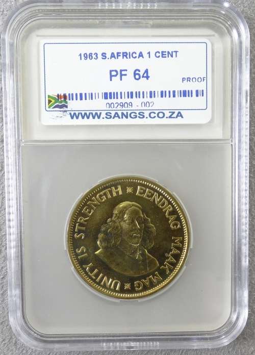 PROOF SOUTH AFRICA ONE CENT 1963 PF 64 SANGS
