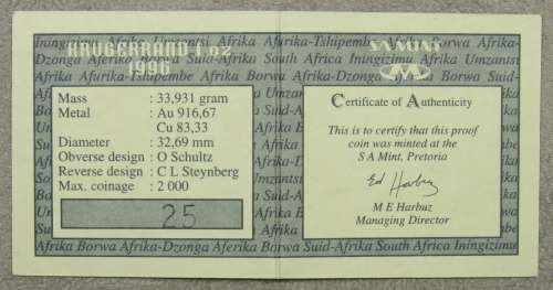 Rare Proof 1996 1 Ounce Krugerrand (Mintage = 2188)