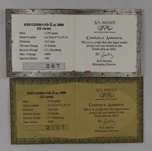 Millennium 1/10 Oz Proof Krugerrand Set 1999 & 2000 (Only 500 Sets Made)