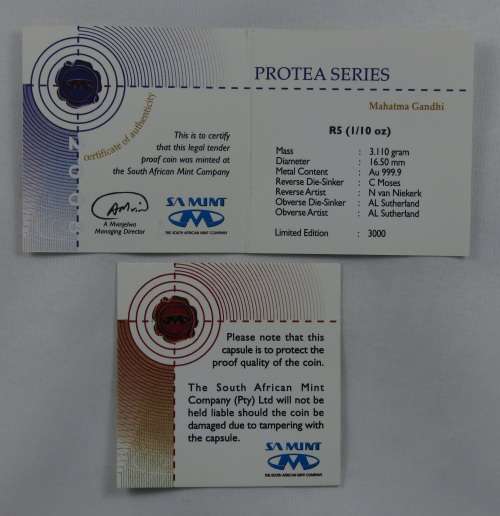 South Africa 2008 Protea 1/10 Ounce Mahatma Ghandi