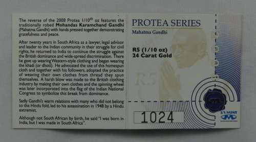South Africa 2008 Protea 1/10 Ounce Mahatma Ghandi