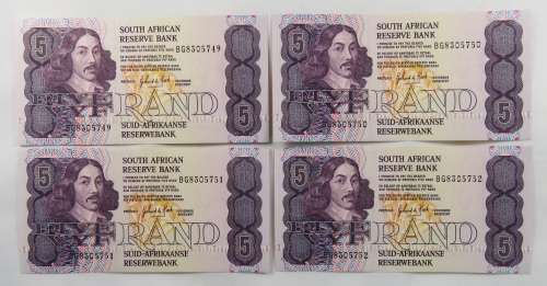 South Africa G. De Kock R5 BG 1990 Series 4 Consecutive Numbers UNC