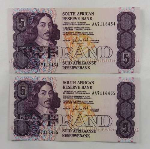 South Africa G. de Kock R5 AA 1989 Series 2 Consecutive Numbers UNC