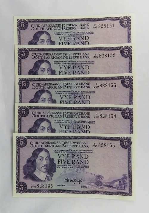 R5 T. W. de Jongh 1975 UNC 5 Consecutive Numbers