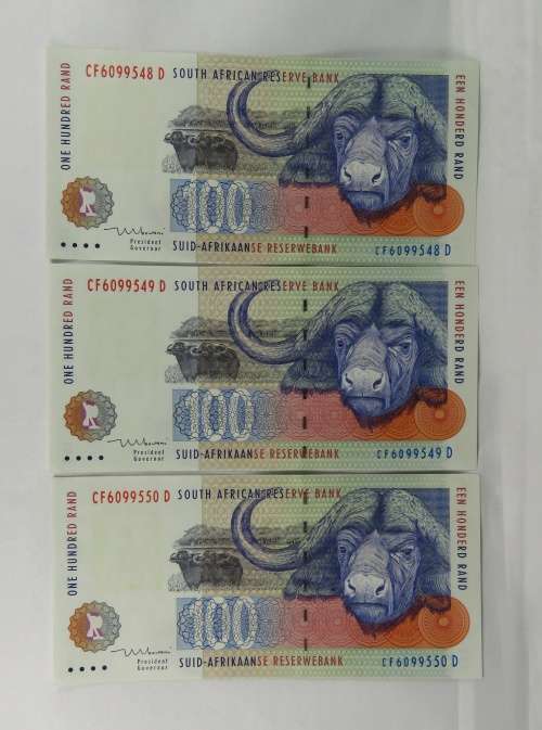 R100 Mboweni 1st Issue UNC, 3 Consecutive Numbers, (Bid Per Note)
