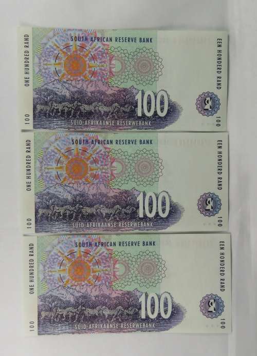 R100 Mboweni 1st Issue UNC, 3 Consecutive Numbers, (Bid Per Note)