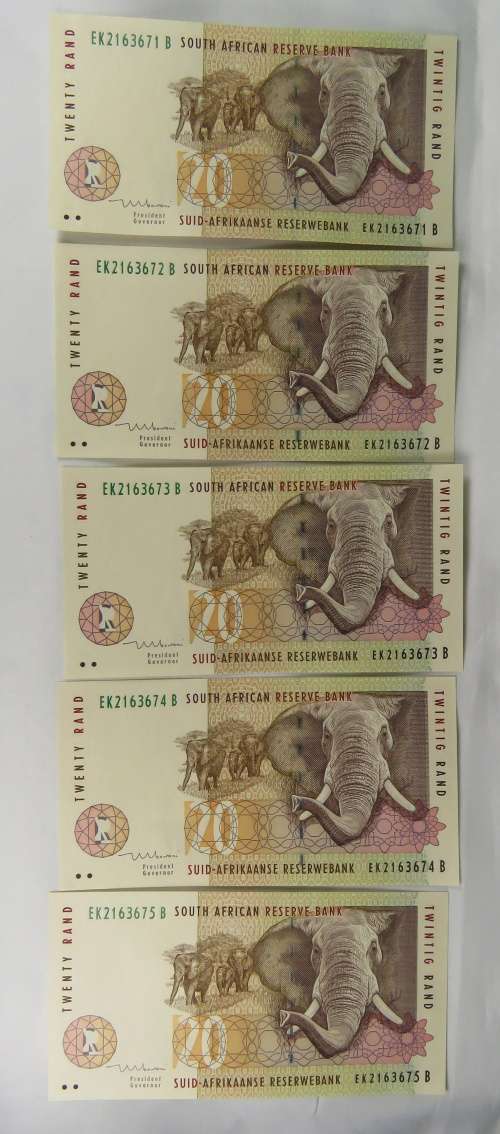 R20 T. Mboweni 1st Issue UNC, 5 Consecutive Numbers, (Bid Per Note)