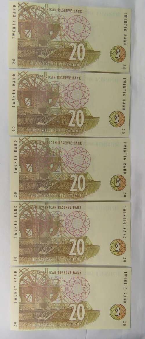 R20 T. Mboweni 1st Issue UNC, 5 Consecutive Numbers, (Bid Per Note)