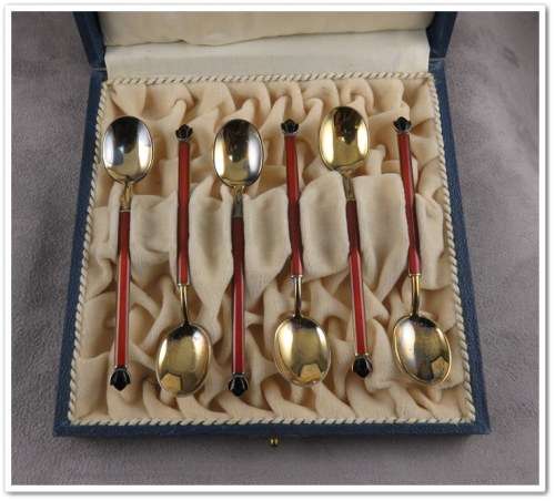 David Andersen - Silver Enameled Set of 6 Demitasse Spoons (for 78rpm)