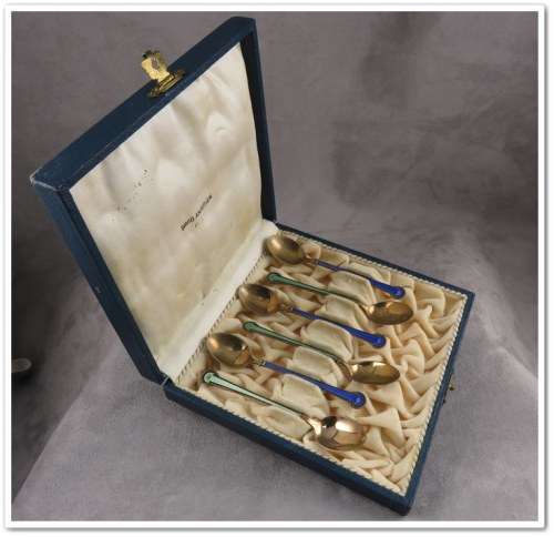 David Andersen - Silver Enameled Set of 6 Demitasse Spoons (3 x Blue & 3 x Green) (for 78rpm)