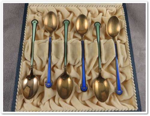 David Andersen - Silver Enameled Set of 6 Demitasse Spoons (3 x Blue & 3 x Green) (for 78rpm)