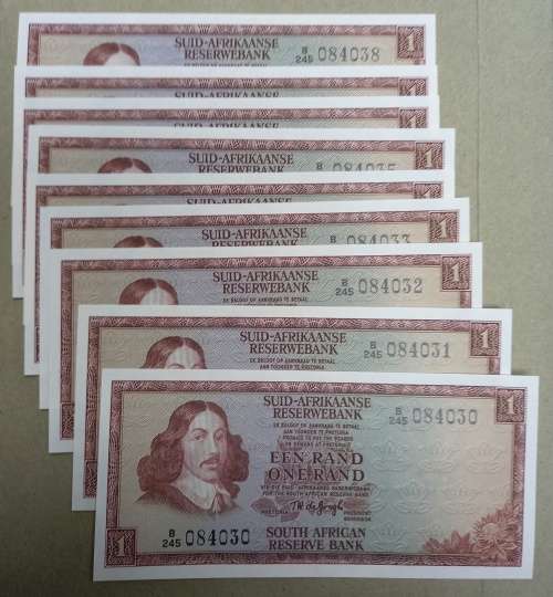 South Africa R1 1973 x 9 Consecutive Notes, UNC, Catalogue Value R675, Low Start at R180
