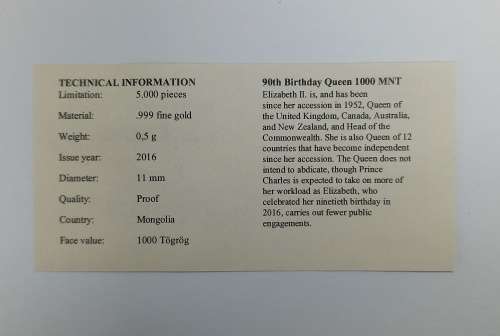 Mongolia 1000 Togrog 2016 Gold 999 0.5 grams 90th Birthday of Queen Elizabeth