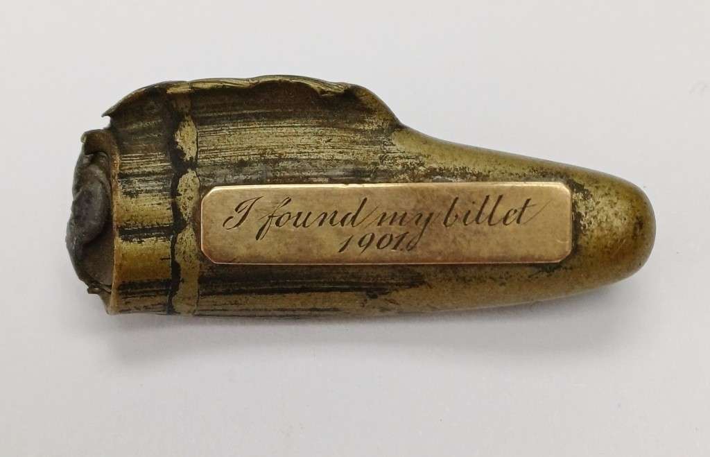Boer War Bullet Inscribed with 9ct plaque, "I found my billet 1901"