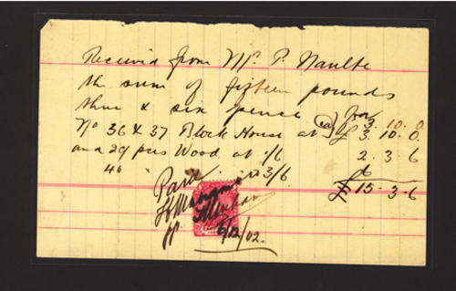 Boer War Receipt for Purchase of Two Blockhouses in 1902