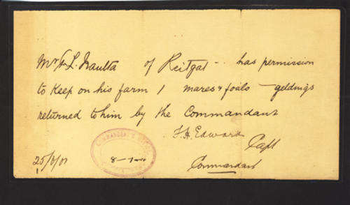 Boer War Permit To Keep One Mare and Foals on Farm